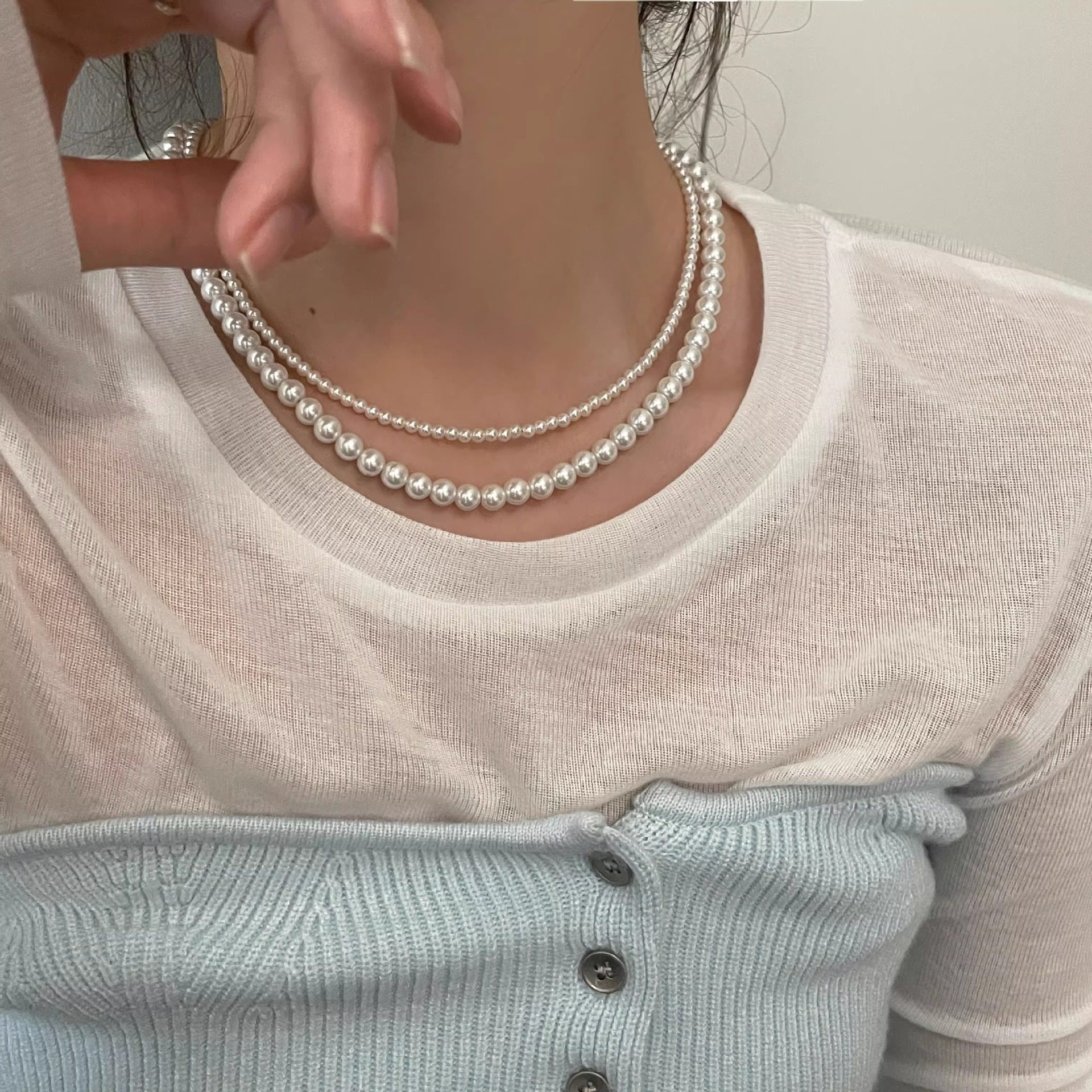 Round 650 Pearl White Shijia Pearl Necklace Titanium Steel Yuanbao Buckle Accessories Women's Light Luxury Niche Collarbone Chain