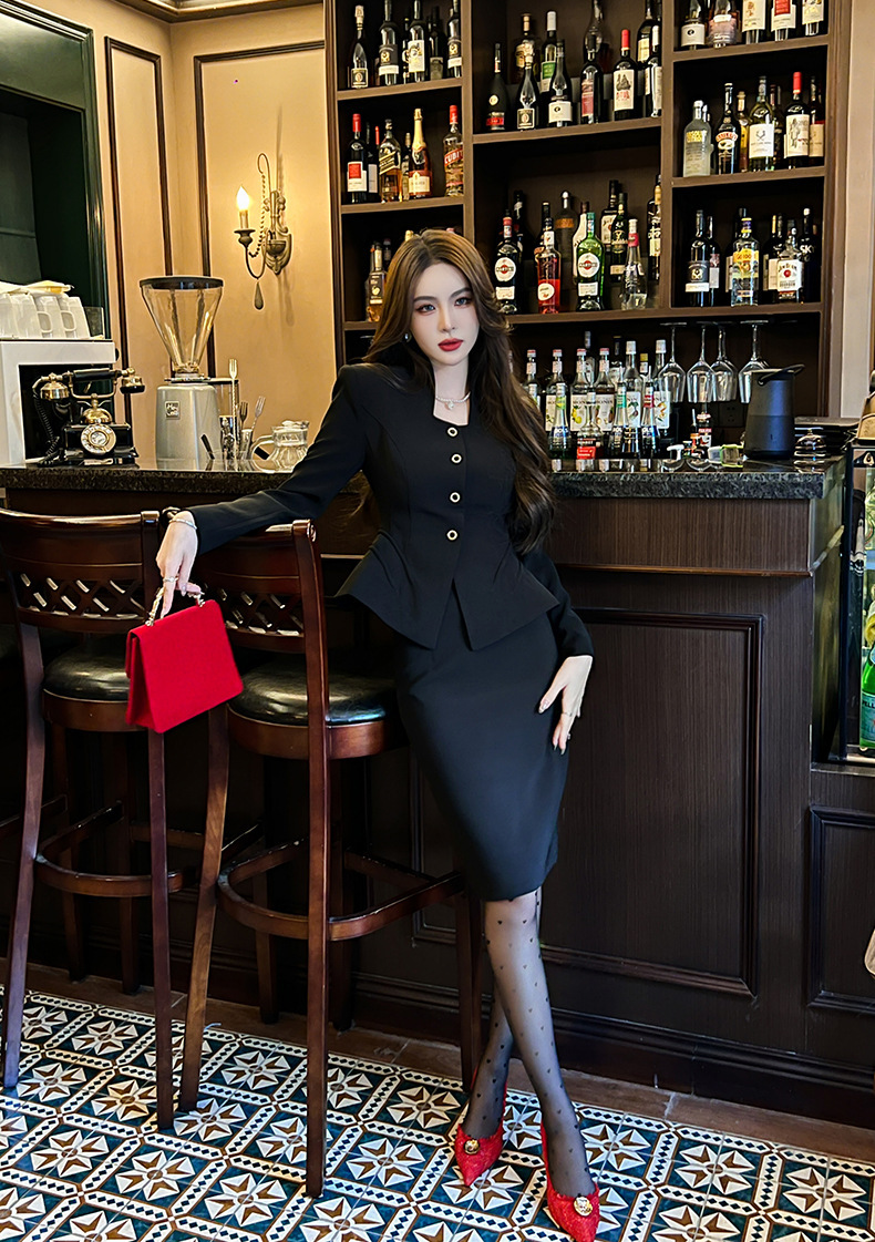 Đầm công sở nữ dáng Hepburn phong cách Pháp, bộ hai chiếc dài tay thanh lịch — Màu đen