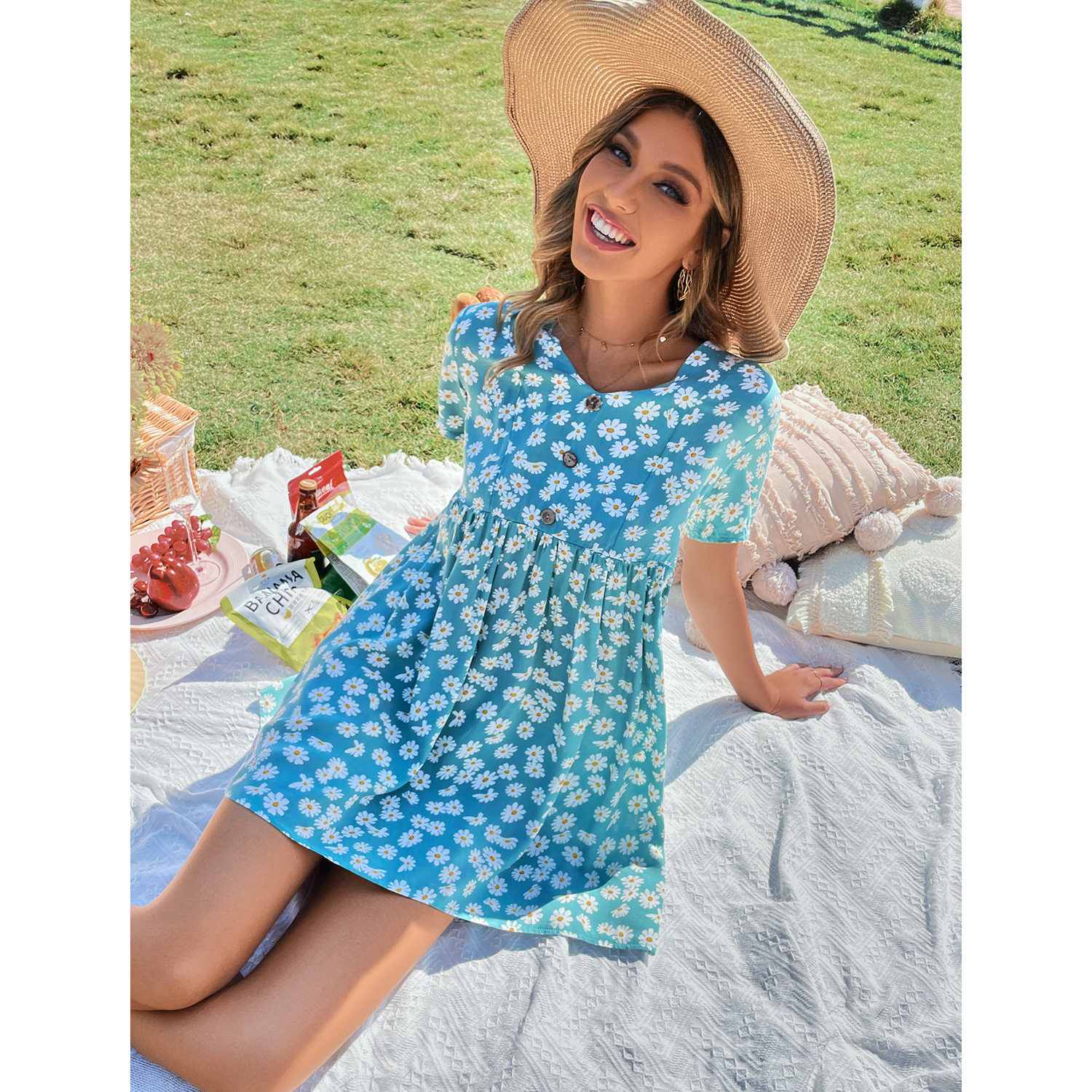 High Waist V Neck Floral Print Puff Sleeve Dress Casual Vacation Style Available in Multiple Sizes Wholesale Options