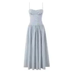 PB&ZA Women's 2026 Summer New Arrival French Vintage Blue Tie-Front Long Sun Dress