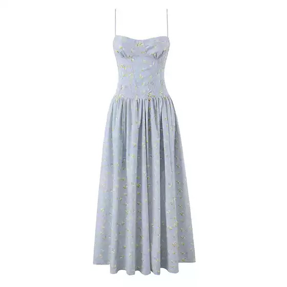 PB&ZA Women's 2026 Summer New Arrival French Vintage Blue Tie-Front Long Sun Dress