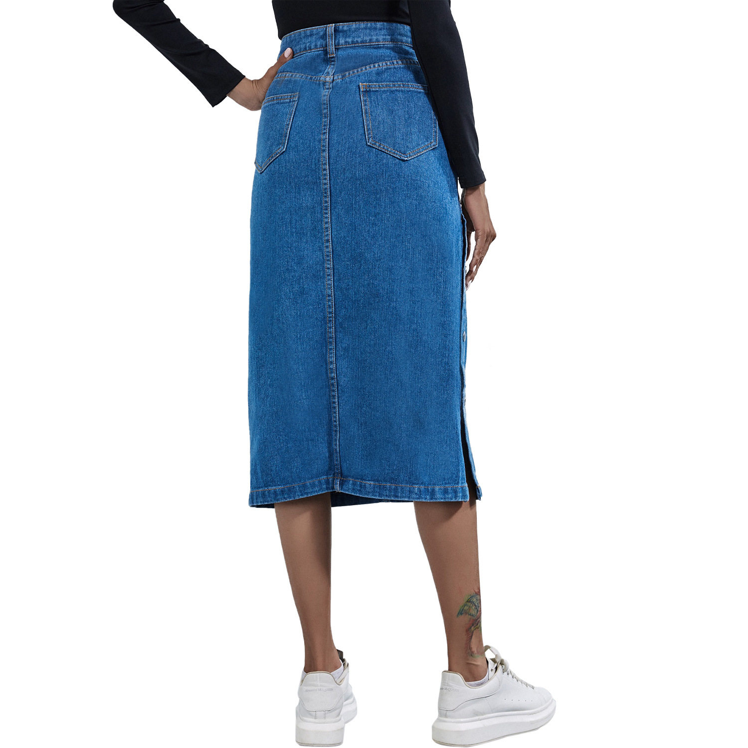 High Waisted Denim Skirt Button Detail Split Design Fashionable Style Casual Wear for Women Wholesale Available