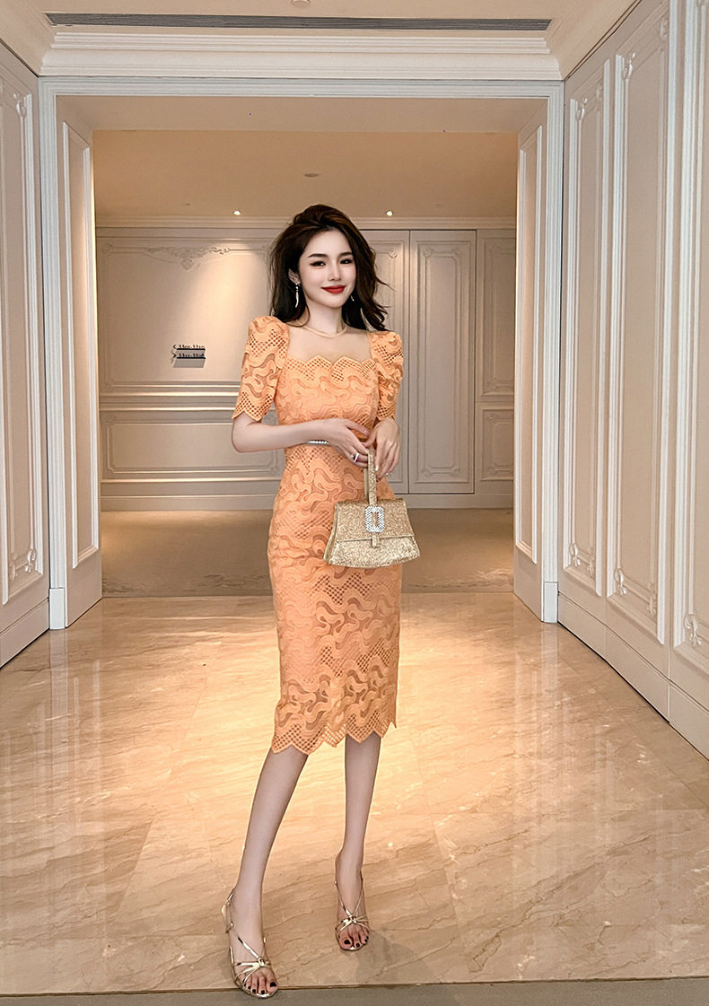 Đầm ren ôm body nữ cổ tròn tay ngắn cao eo — [Xoài đá] chi tiết 15