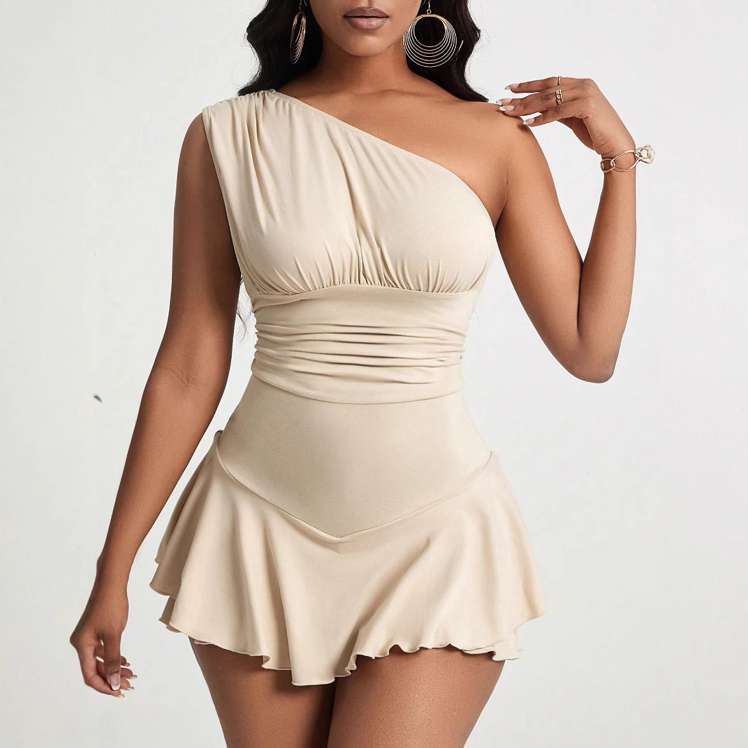 Elegant Womens Dress Asymmetrical Neckline High Waist Flared Hem Spring Summer Fashion Wholesale Available