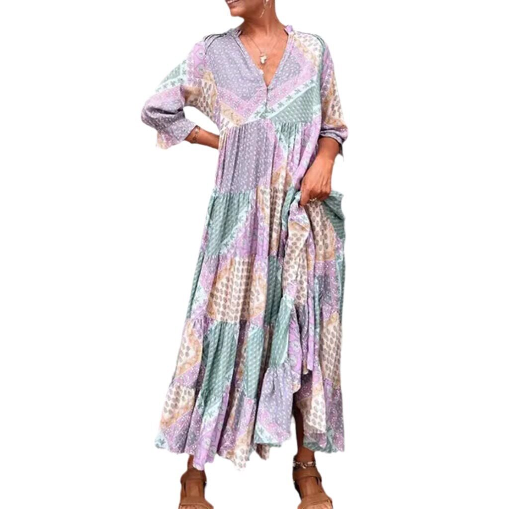 V Neck Color Block Casual Maxi Dress Summer Style Loose Fit Comfortable Fabric Wholesale Available