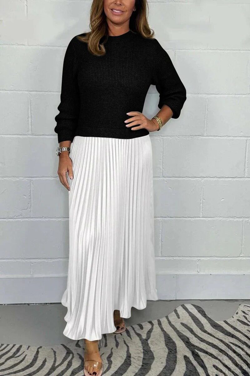 Knitted Long Sleeve Color Block Dress Solid Color Pleated Design Stylish for Fall Winter Wholesale Available