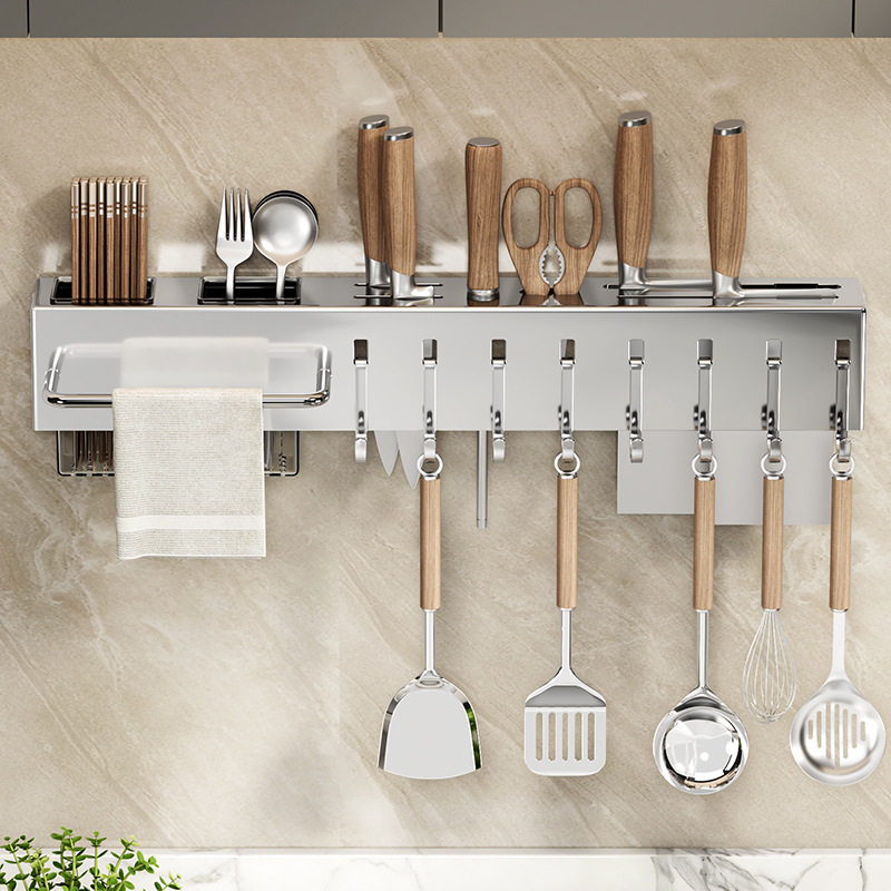 Stainless Steel Kitchen Knife Storage Rack Multi-functional Punch-free Knife Holder Storage Rack Chopstick Cage Chopstick Barrel Wall-mounted