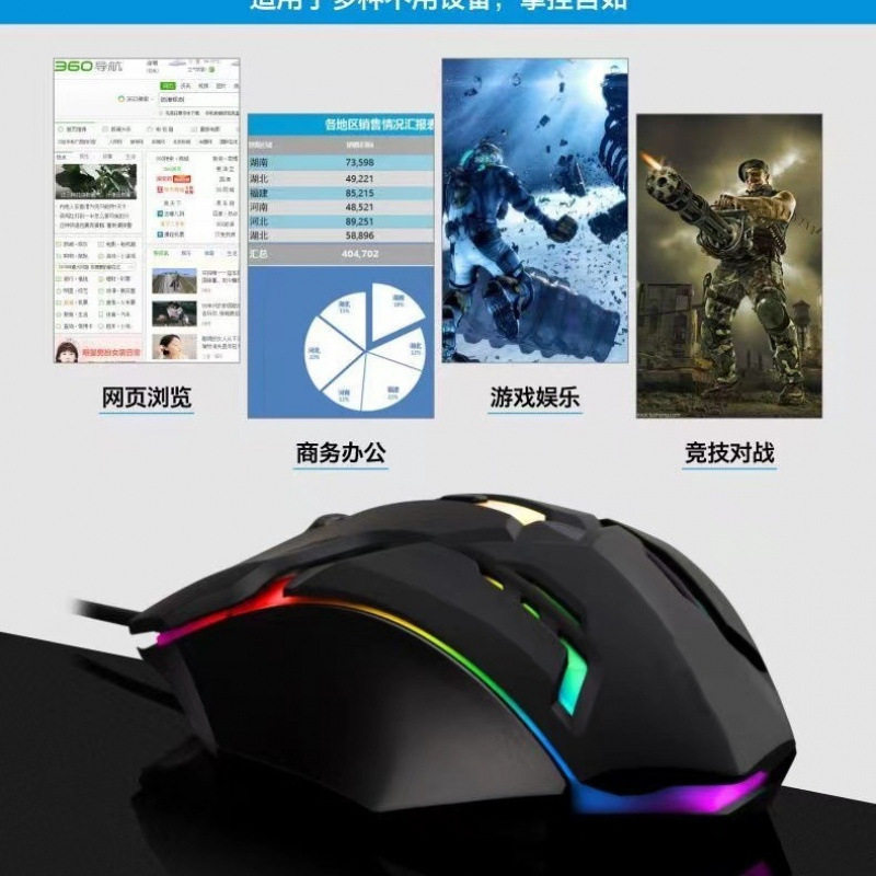 X厂家跨境鼠标批发爆款七彩呼吸灯USBX1有线发光游戏电脑配件