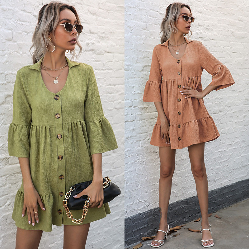 Loose Fit Solid Color Doll Dress Short Sleeve Lapel Design Casual Style Perfect for Spring and Summer Wholesale