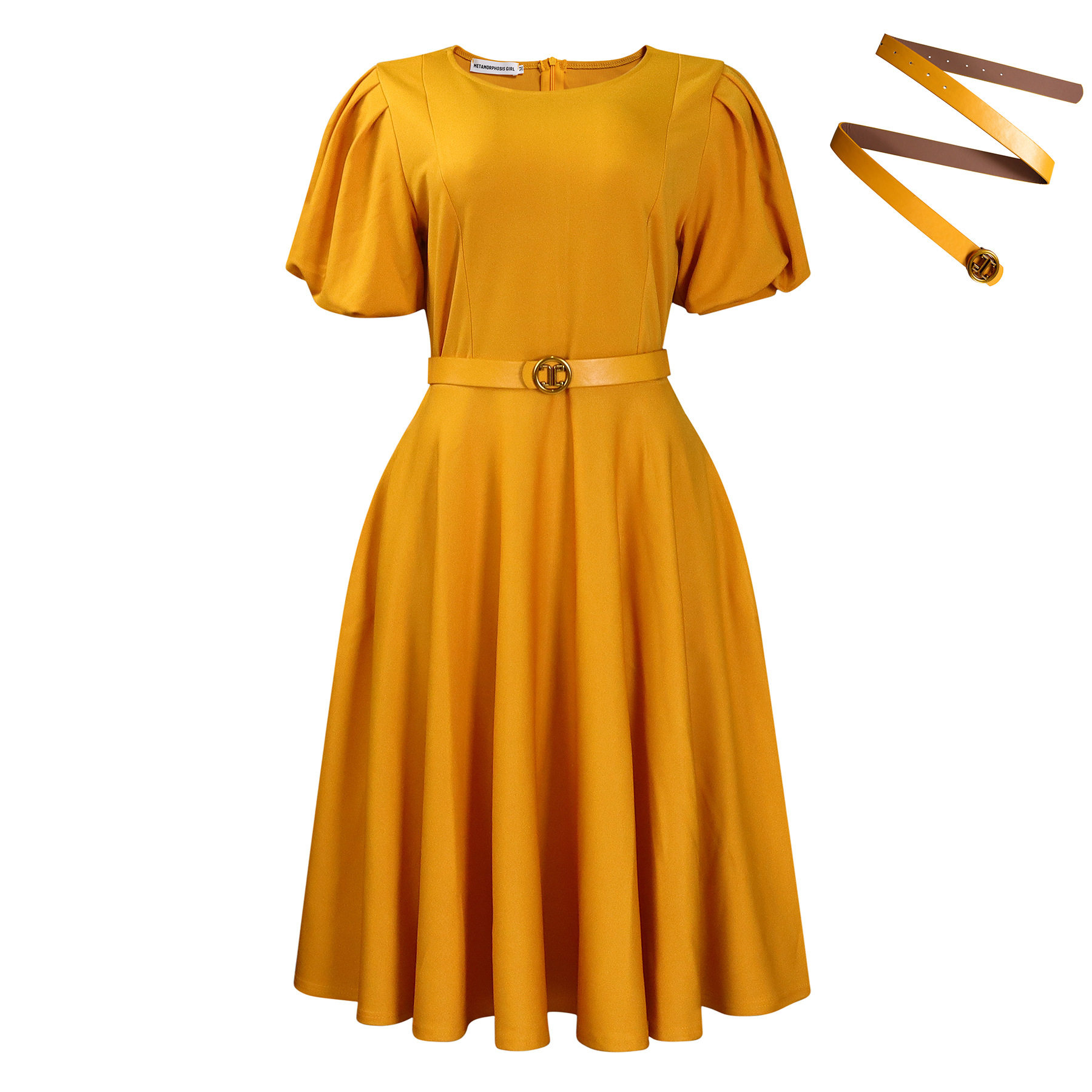 Elegant A Line Dress with Puff Sleeves Round Neck Waist Defined Flowy Skirt Perfect for Parties and Events
