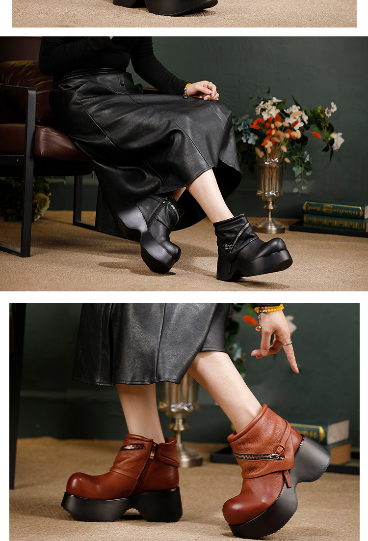 Boot nữ cổ ngắn da bò thật đế dày tăng chiều cao, thiết kế tối giản cá tính — màu đen, Màu nâu