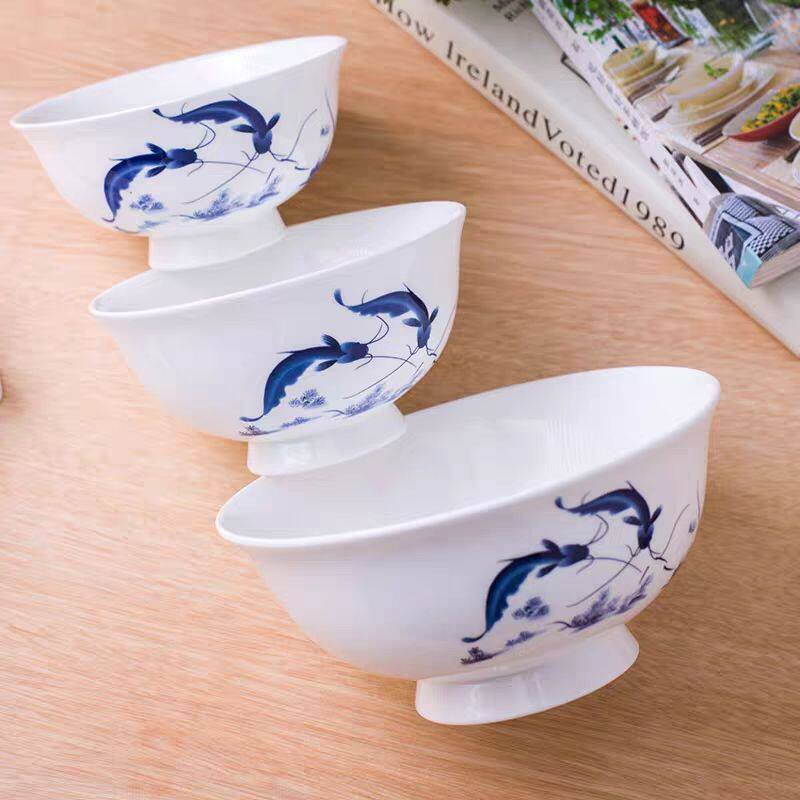 念瓷坊正品青花高温骨瓷高脚防烫家用健康米饭面汤碗勺