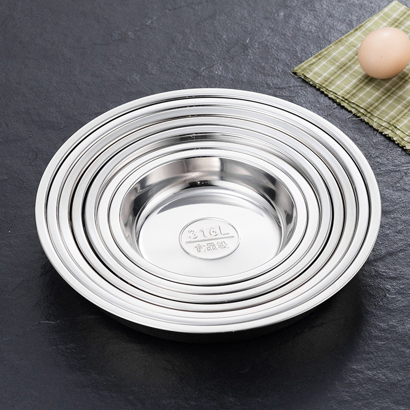 316 Food Grade Stainless Steel Large Round Plate Household Shallow Plate Steaming Plate Round Tray Iron Plate Dish Plate Breakfast Plate