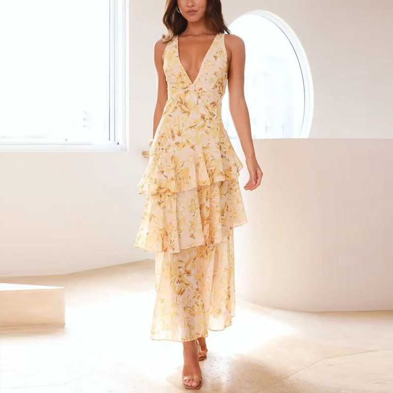 Fashionable Printed Cake Dress Summer Deep V Neck Shoulder Straps Vacation Style Wholesale Available
