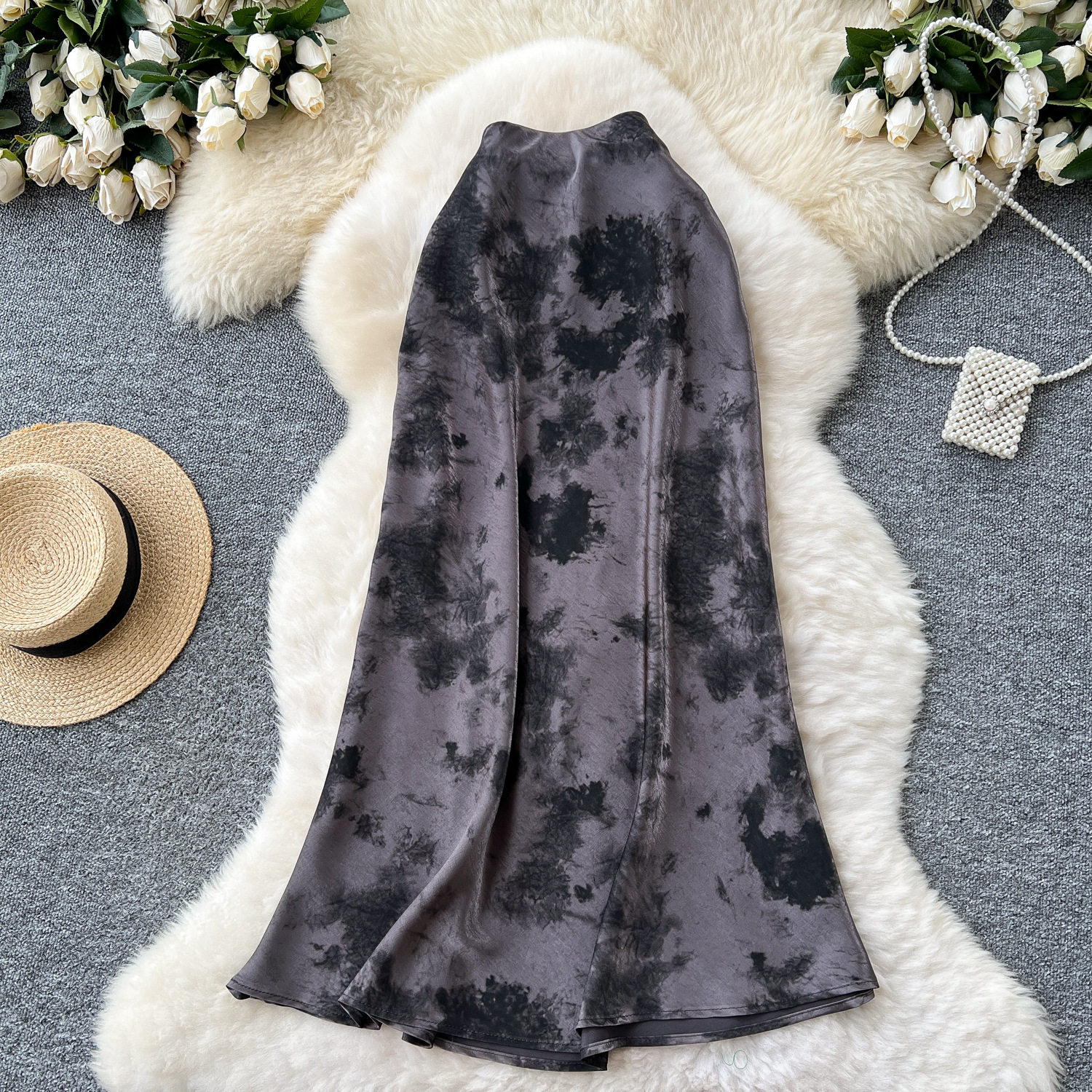 High Waist Satin Midi Skirt for Women Vintage Ink Print Flared Design Summer Casual Wear