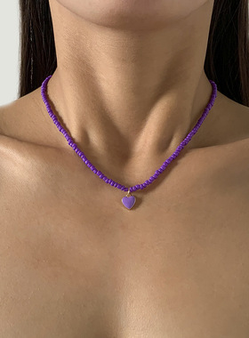 欧美跨境饰品 滴油桃心简约米珠手工项链 几何型叠戴串珠项饰