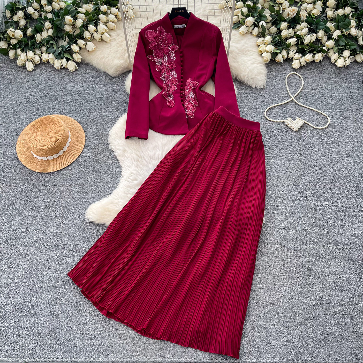 French Chic V Neck Embroidered Jacket with High Waisted Pleated Skirt Elegant Slim Fit Stylish Spring Fall Womens