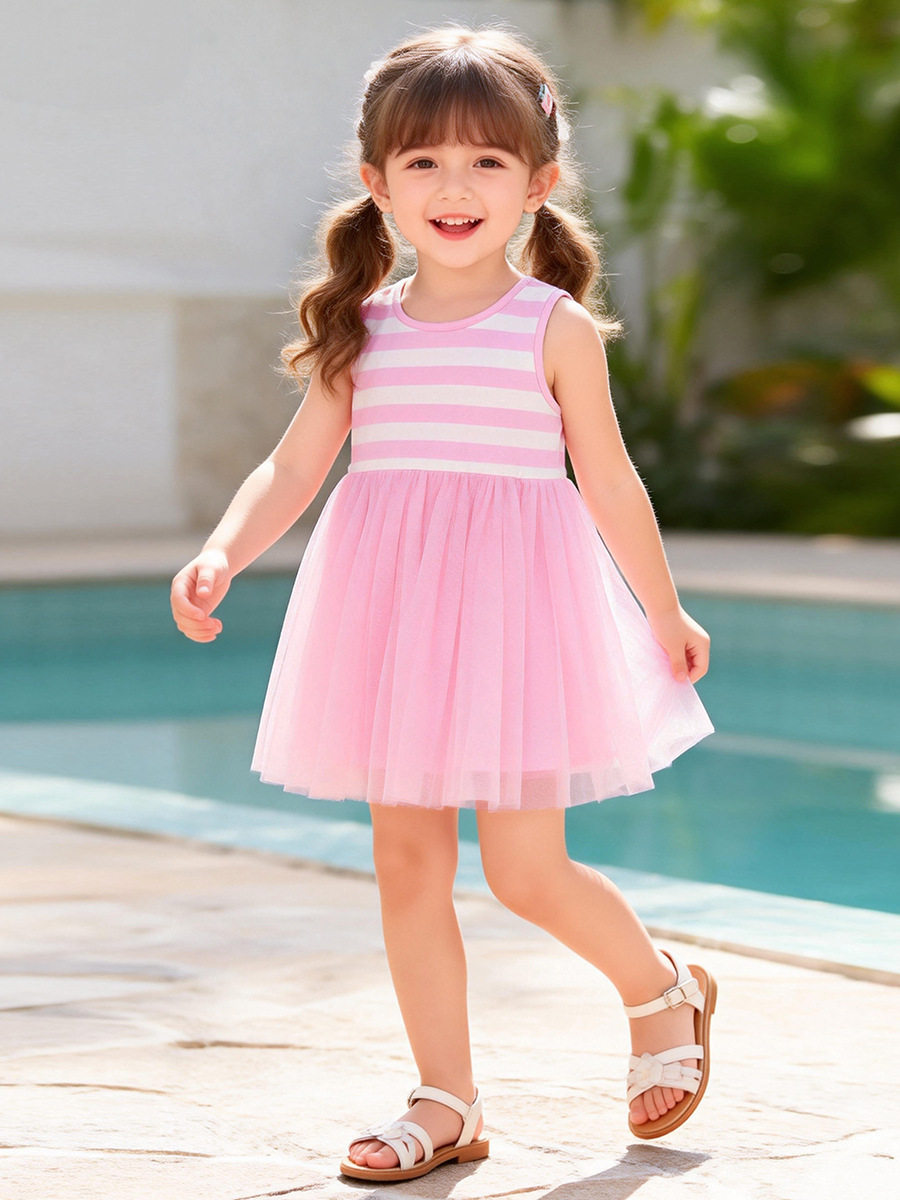 Kids' Dress Wholesale, Summer Sleeveless Girls' Dress, [Style] Striped Kids' Tulle Princess Dress