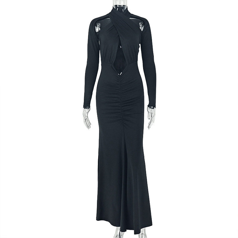 Elegant Womens Bodycon Dress Solid Color Curve Hugging Long Sleeve Strapless Design Perfect for Parties and Events