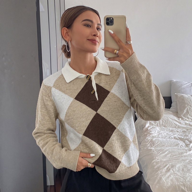 Long Sleeve Sweater Diamond Jacquard Soft and Sweet Style Lapel Collar Perfect for Fall Winter Wholesale Available