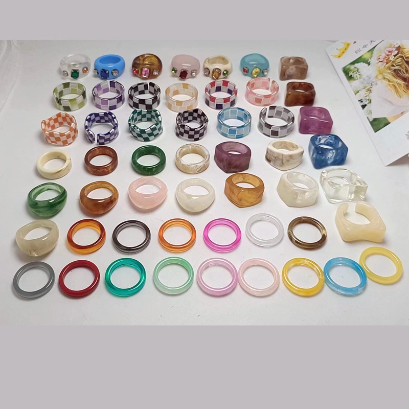 Spot resin acetate ring, women's mixed color round square ri...