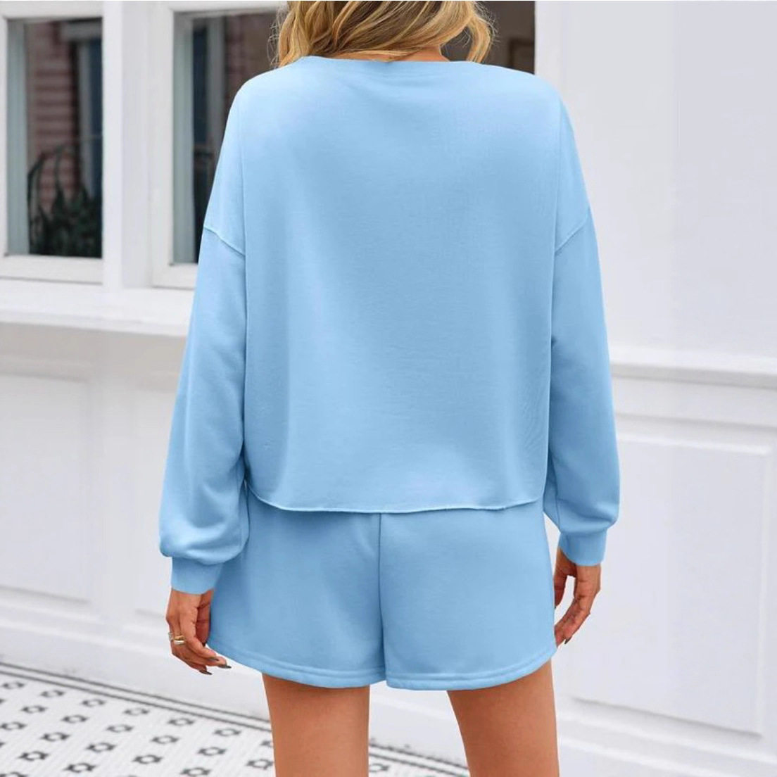 Womens Summer Pearl Embellished Set Elegant Versatile Long Sleeve Round Neck Solid Color Perfect for Casual or