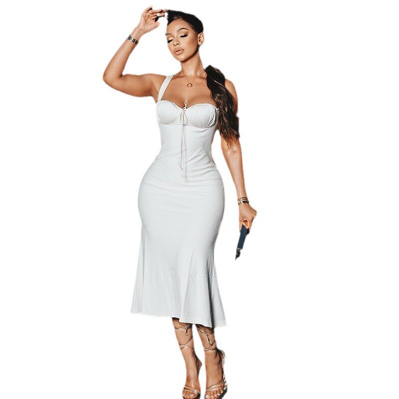Elegant Womens Fishtail Dress Sleeveless Slim Fit Off Shoulder Solid Color Perfect for Parties and Formal Events