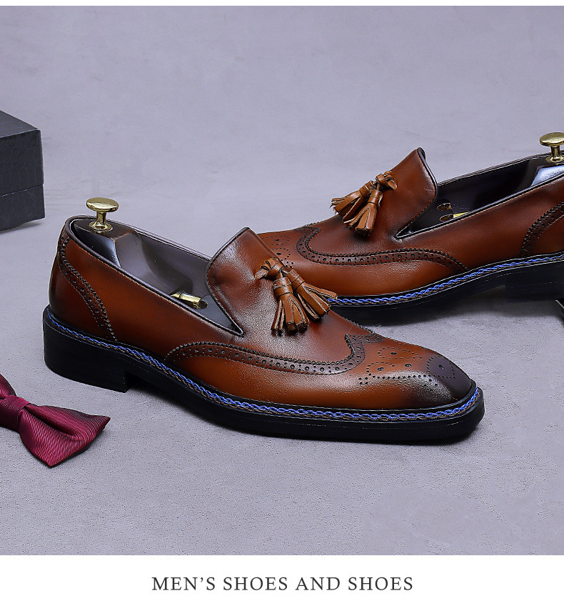 Giày da nam da bò thật chạm khắc brogue cổ thấp kiểu lười có tua rua — Màu nâu (cạnh xanh), Màu nâu (viền đen), đen (cạnh xanh), đen (viền đen)