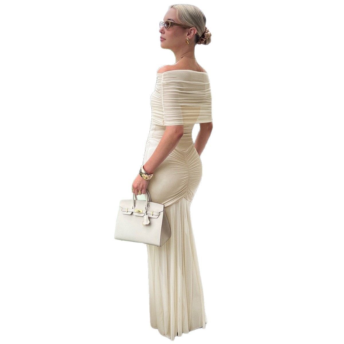 Off Shoulder Ruched Mesh Panel Dress Sexy Sheer Elegant Perfect for Parties and Special Occasions Wholesale