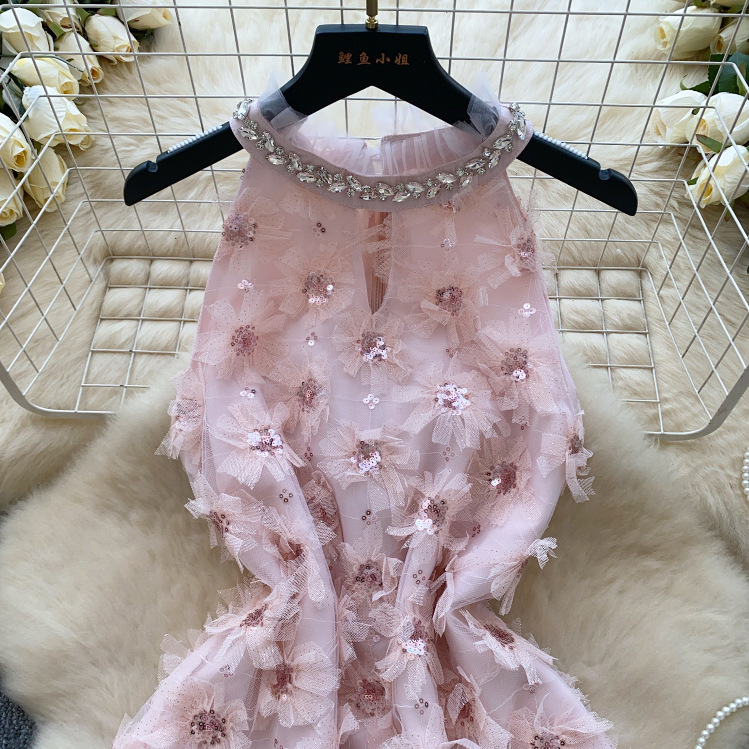 Elegant A Line Dress Sleeveless High Neck Embellished with Sequins and Floral Design Perfect for Parties and Special