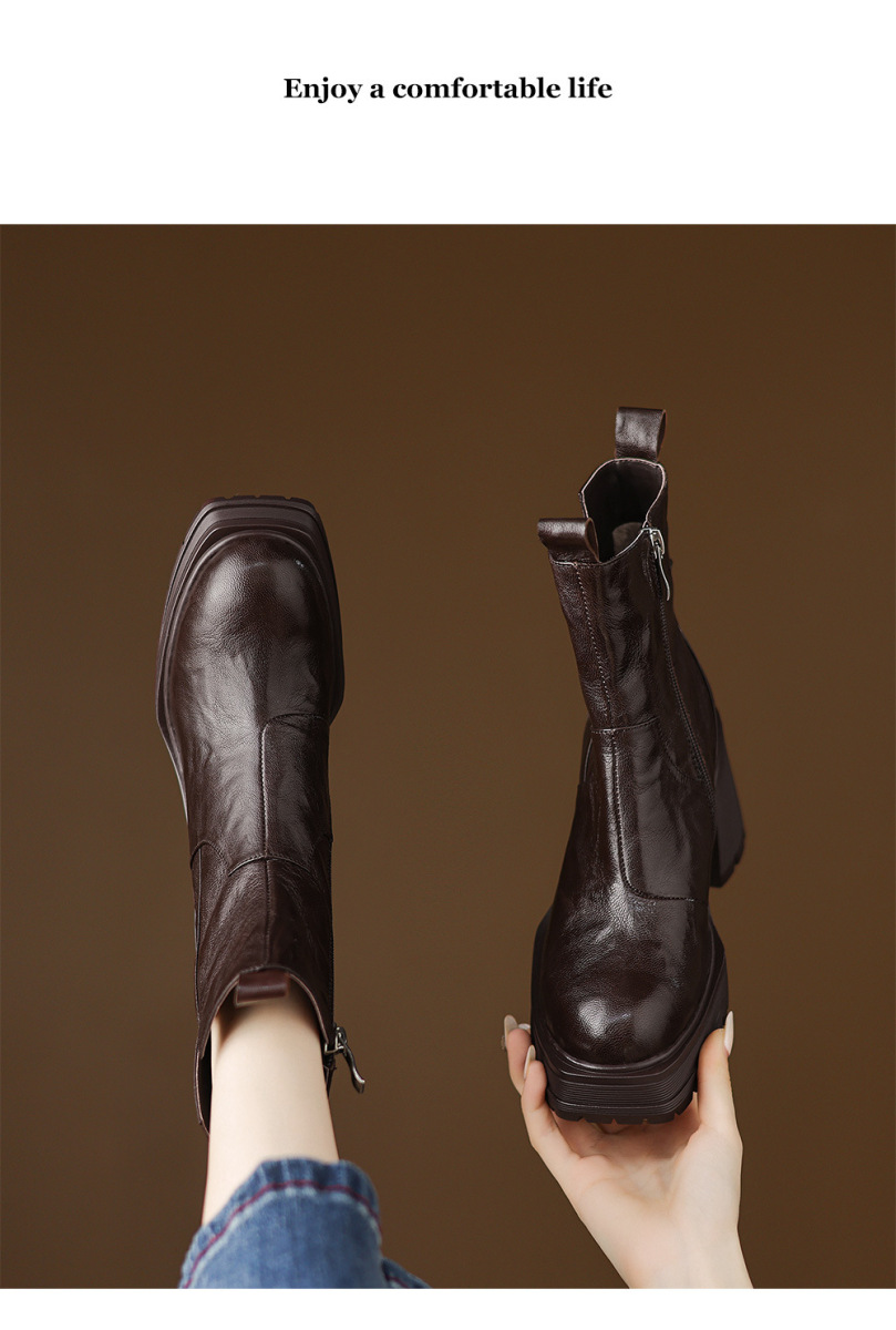 Boot Chelsea nữ gót cao đế dày mũi vuông lót lông cổ V — Lớp lót đơn màu đen, Lớp lót đơn màu nâu