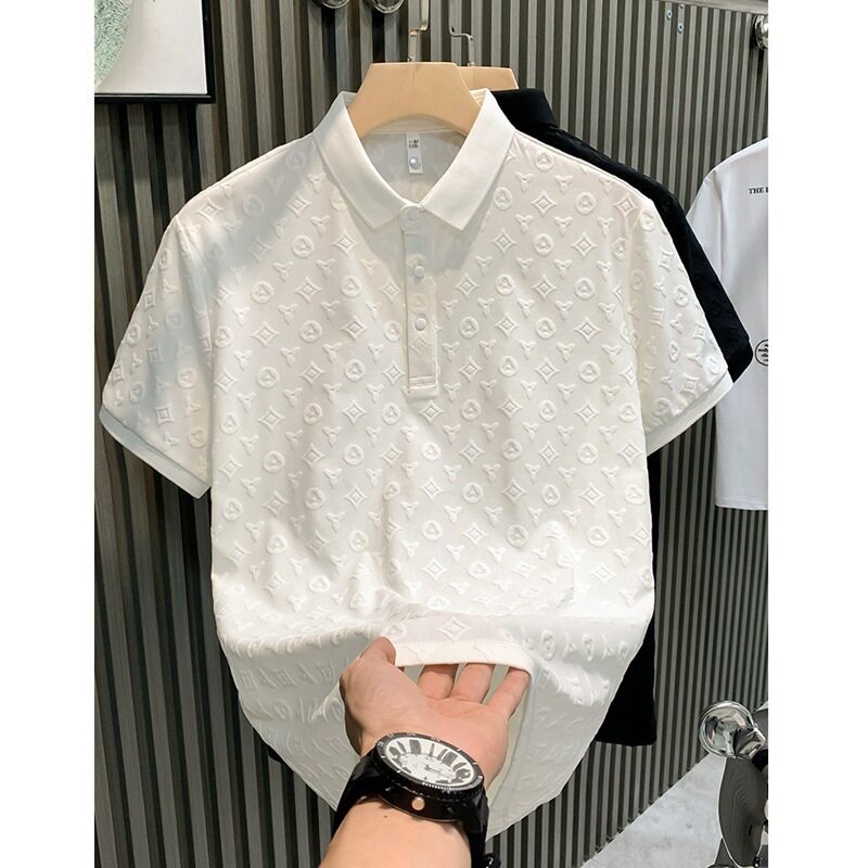 大码时尚轻奢提花休闲POLO衫夏款新款透气青年修身翻领短袖T恤男