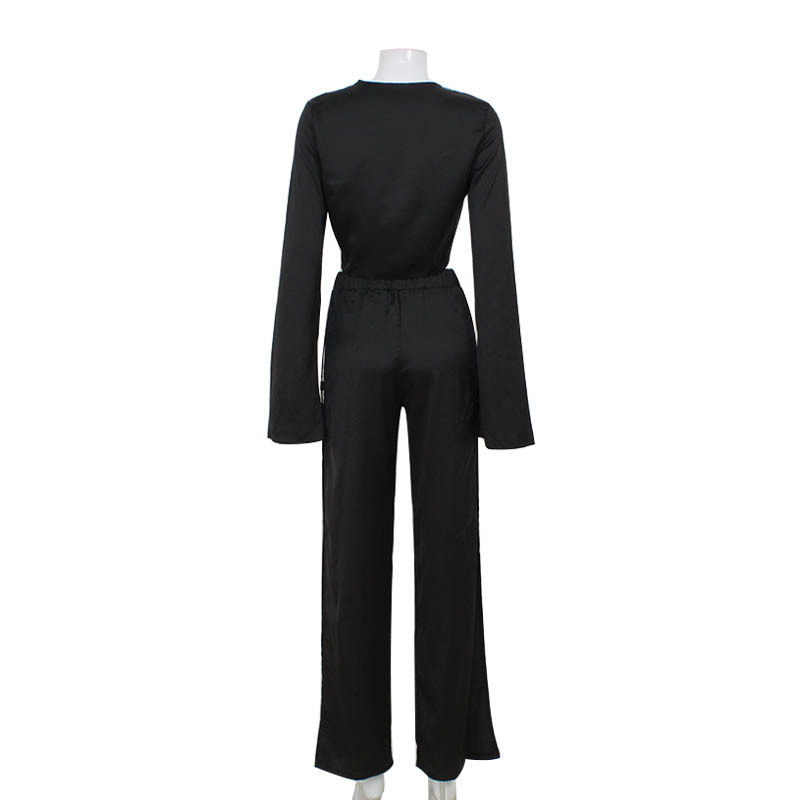Fashionable Long Sleeve Tie Front Crop Top and Hollow Out Split Leg Pants Set Street Style Wholesale Available