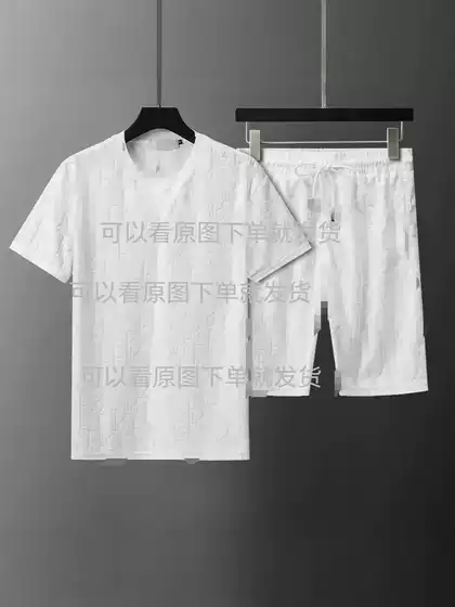 2025 New Flocked DL Full-Print IOR Velcro Short-Sleeve T-Shirt Trendy Jacquard Loose Casual Shorts Matching Set for Men and Women