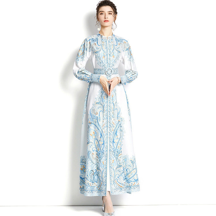 Vintage Floral Print A Line Dress for Women Lantern Sleeves Lapel Collar Knee Length Button Closure Autumn and