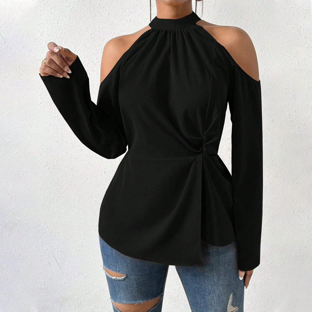 Womens Elegant Cold Shoulder Long Sleeve T Shirt Chic Design Spring Summer Style High Quality Fabric Wholesale