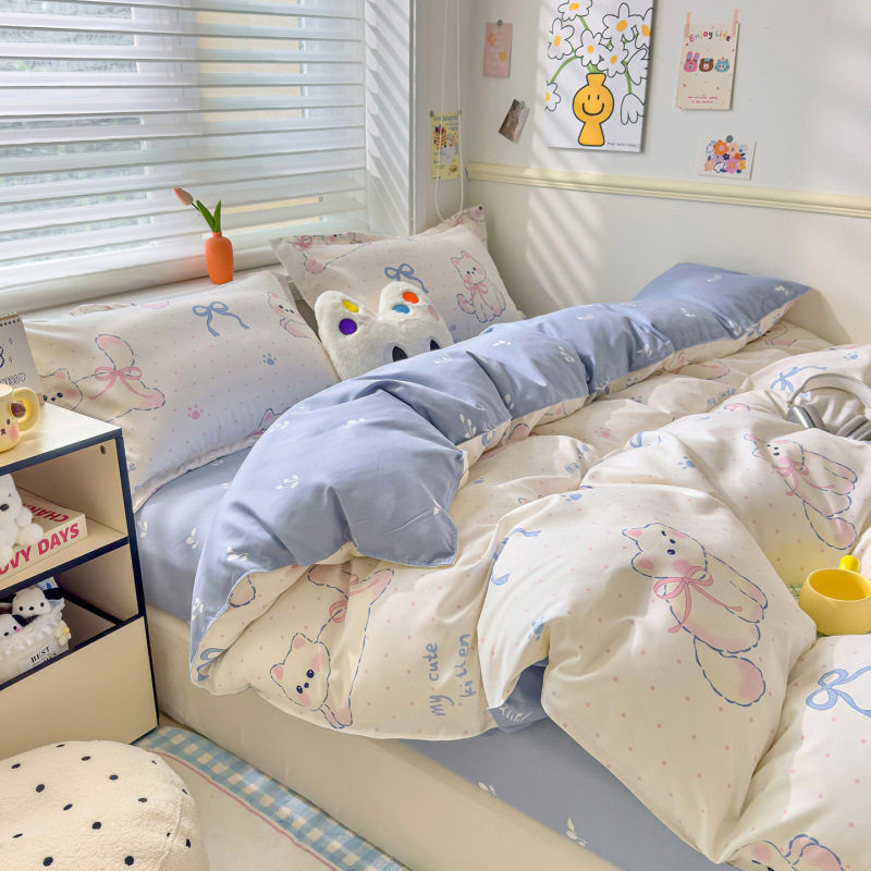 Category a Maternal and Infant Grade Ins Cartoon Quilt Cover Four-Piece Set Pure Cotton Thickeneded Washed Cotton Bed Sheetss Pure Cotton Dormitory Three-Piece Set