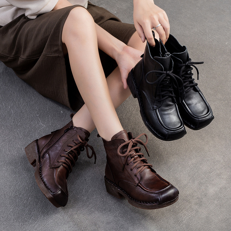 Giày Boot Martin Nữ Mũi Tròn Hàng Mùa Xuân Thu Đông Phục Cổ Cổ Điển