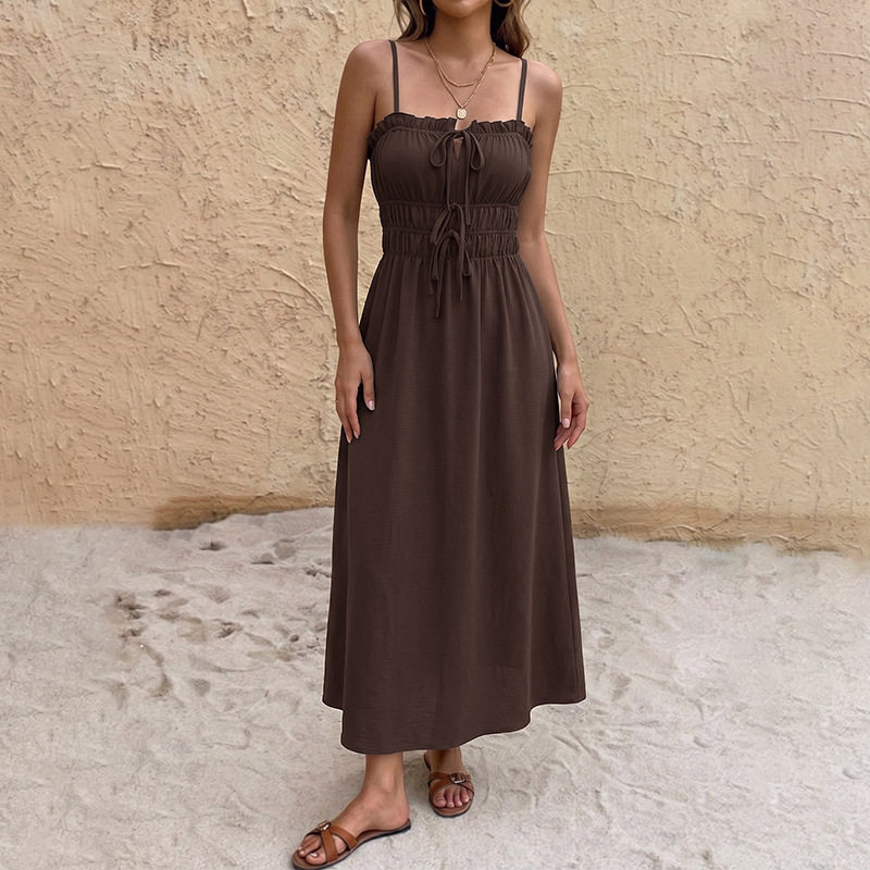 Simple Vintage Solid Color Drawstring Waist Cami Dress Elegant Design Comfortable Fit Perfect for Summer Events