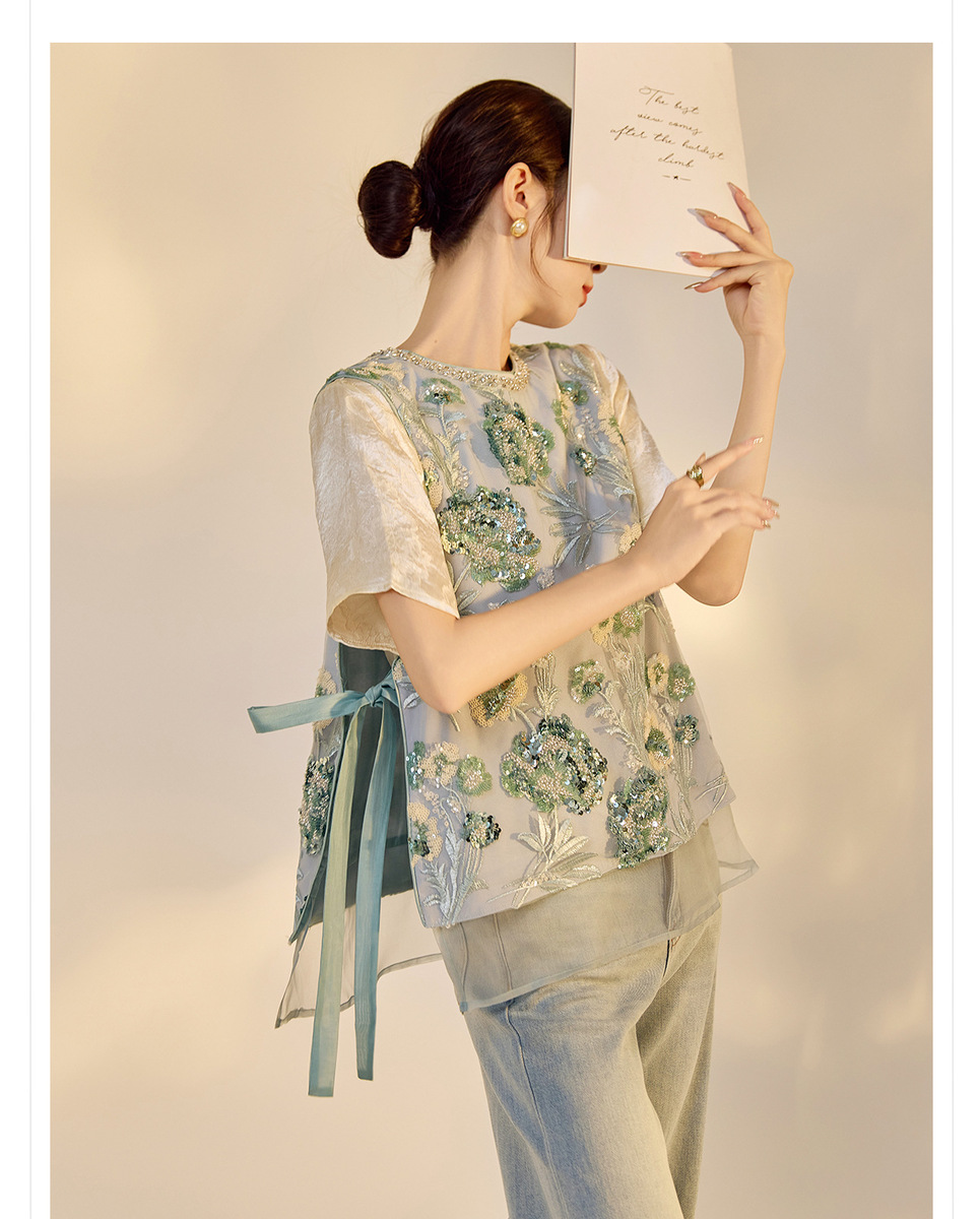 Áo vest nữ thêu cườm đính đá cổ tròn phối hoa văn — Jiyue Blue (giao hàng trong 7 ngày), Jiyue Blue (phát hành cùng ngày)