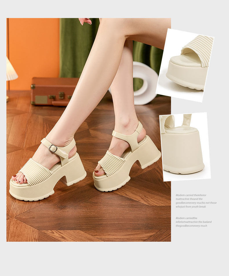 Dép sandal nữ quai chữ V đế dày platform mùa hè — Đen, Len nguyên chất chi tiết 3