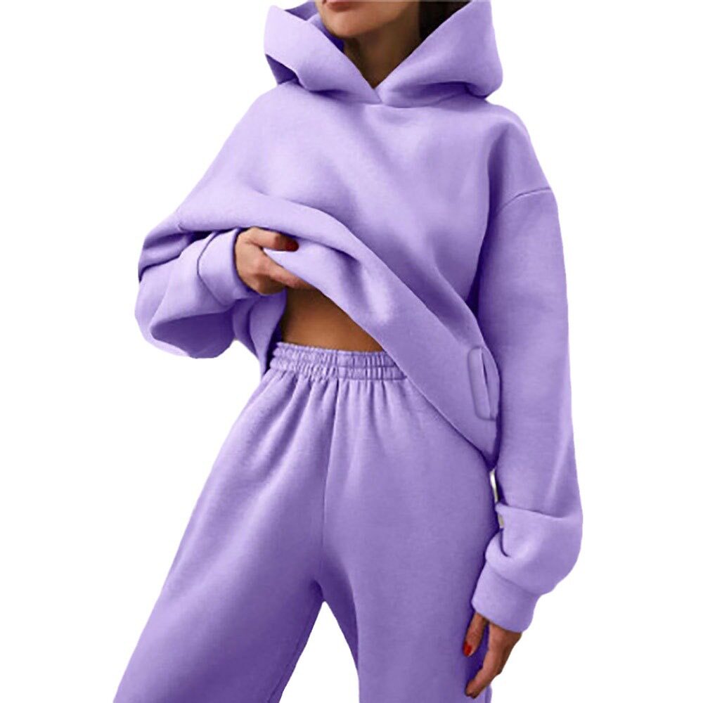 Hooded Sweatshirt and Pants Set for Women Solid Color Casual Outfit Spring Fashion