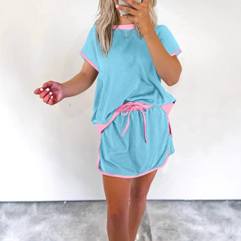 2025 Summer European and American Cross-Border Amazon Independent Station-Women Color-Blocked Off-Shoulder T-Shirt Culottes Suit