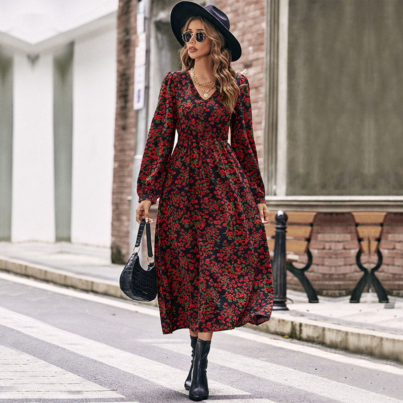 Red Floral Long Sleeve Maxi Dress Elegant Design Autumn Spring Fashion Perfect for Casual or Formal Occasions