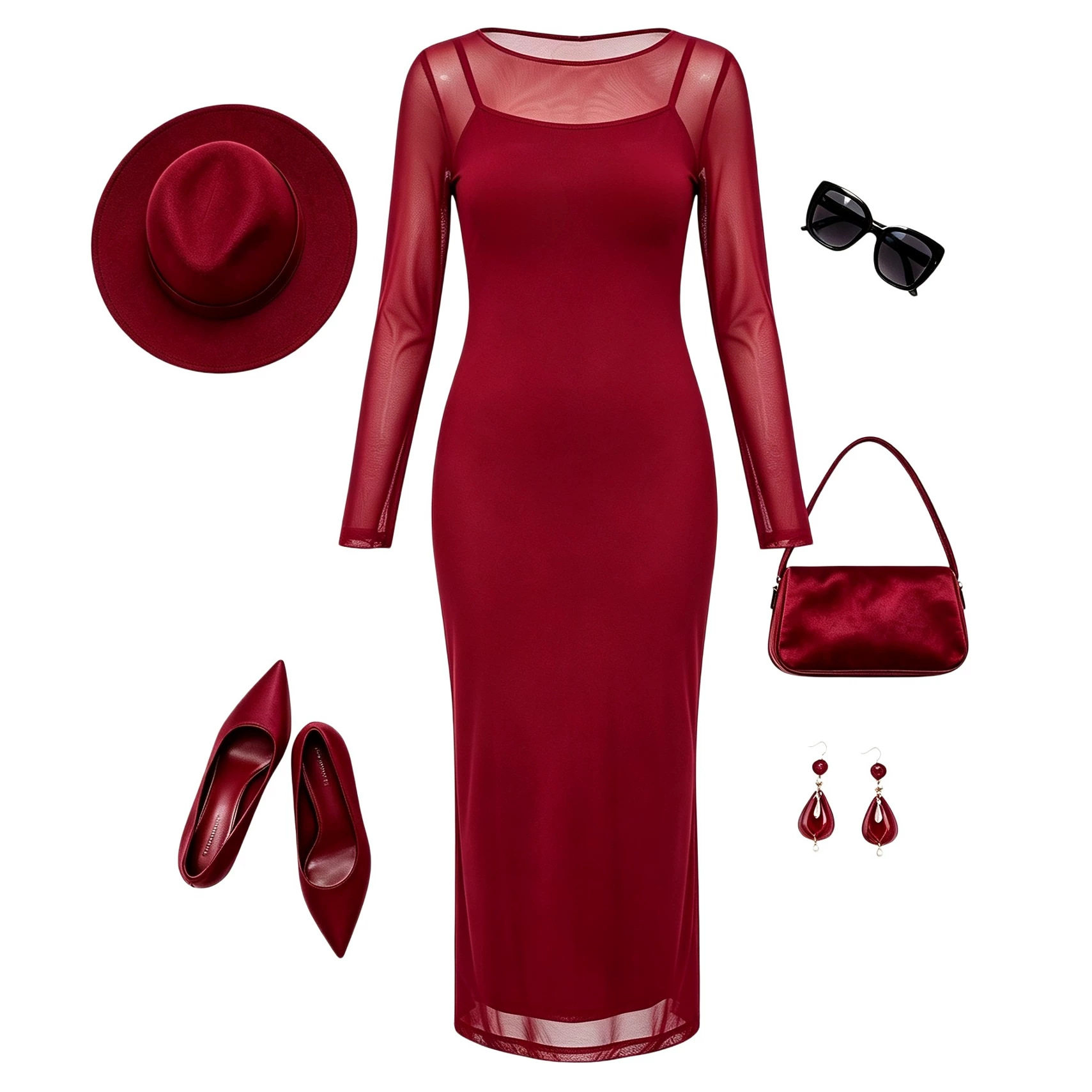 Two Piece Dress Set Off Shoulder Long Sleeve Mesh Overlay Bodycon Midi Skirt Casual or Party Wear Wholesale