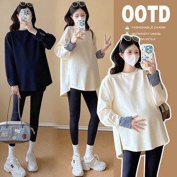 Maternity Wear Autum New Fashion Fake Two-Piece Round Neck Top with Asymmetrical Hem Loose Casual Slimming Look T-Shirt