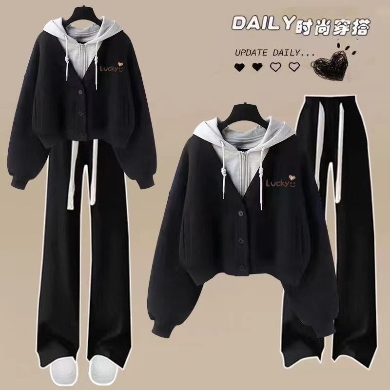 College style suit female junior high school students autumn and winter suit 2024 new fake two-piece hooded sweater casual pants two-piece set