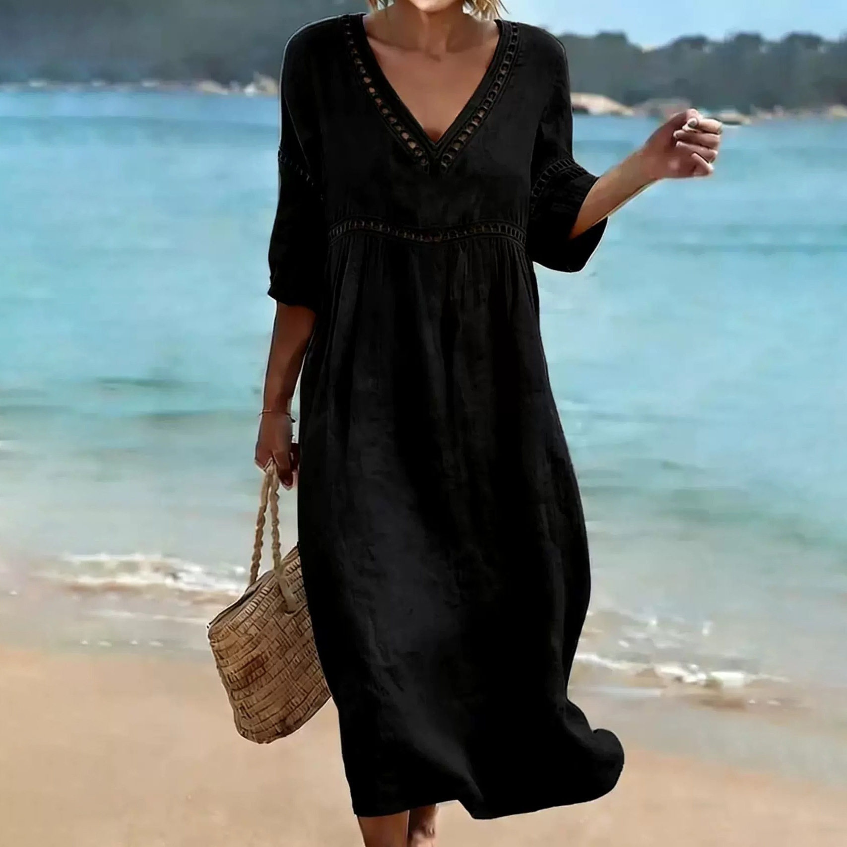 Summer Casual V Neck Dress Loose Fit Solid Color Vacation Style Wholesale Available low MOQ customizable