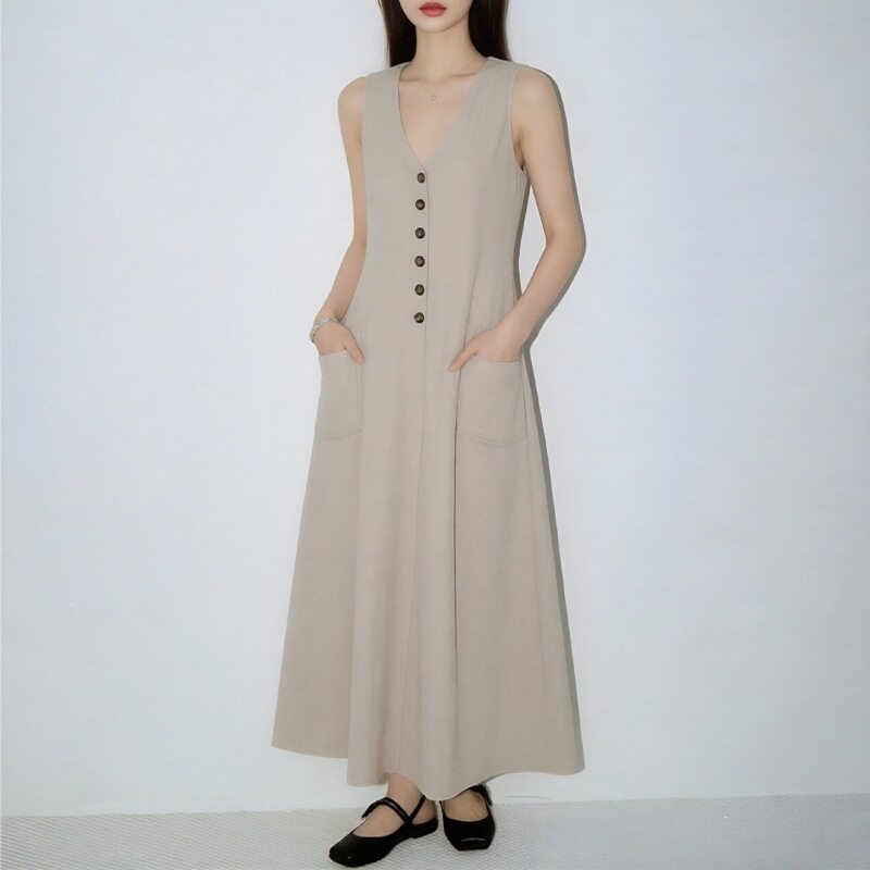 Womens Casual Loose V Neck Button Dress Solid Color Spring Fashion Ideal for Everyday Wear Wholesale Available