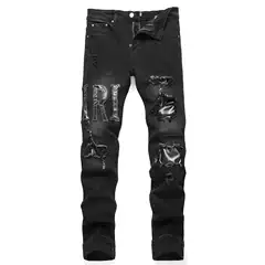New Foreign Trade Style Fashion Black Ripped Letter Embroidery Stretch Mid Rise Skinny Men's Jeans 3640-